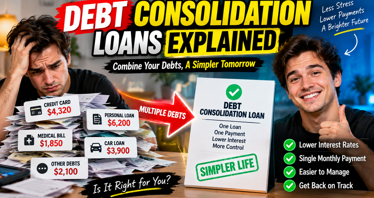 Illustration showing multiple high-interest credit cards combined into a single debt consolidation loan payment.