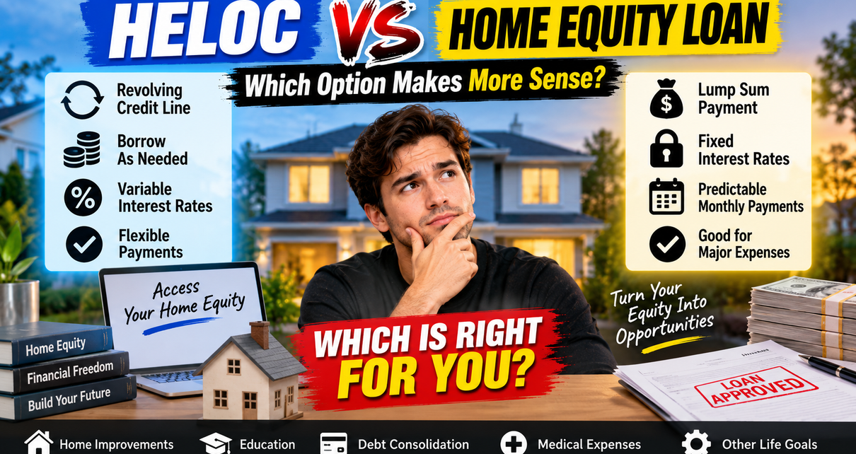 Side-by-side comparison of a HELOC revolving credit line versus a home equity loan lump sum payout.